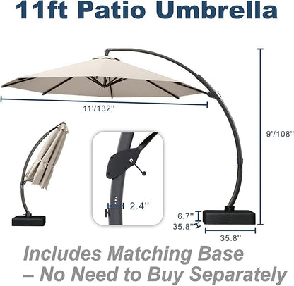 11FT Cantilever Umbrella with Base Large Curvy Outdoor Aluminum Offset Umbrella w/ 360° Rotation, UV Resistant Canopy for Patio, Garden, Backyard, Beige