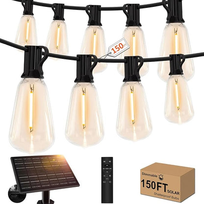 GHUSTAR 150ft Solar Outdoor String Lights with Remote - USB Rechargeable Solar Powered Outdoor Patio Lights - Timer, Dimmable Shatterproof ST38 Bulbs for Backyard, Garden, Pool