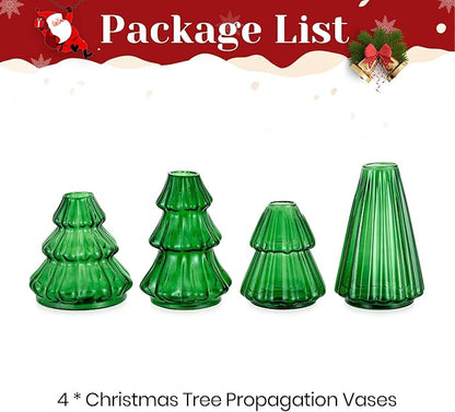Glass Christmas Tree Propagation Stations: Hewory 4 PCS Propagation Vases for Plant Hydroponic Cutting Flowers - Green Christmas Tree Shaped Planter Pot for Home Holiday Decor Gifts