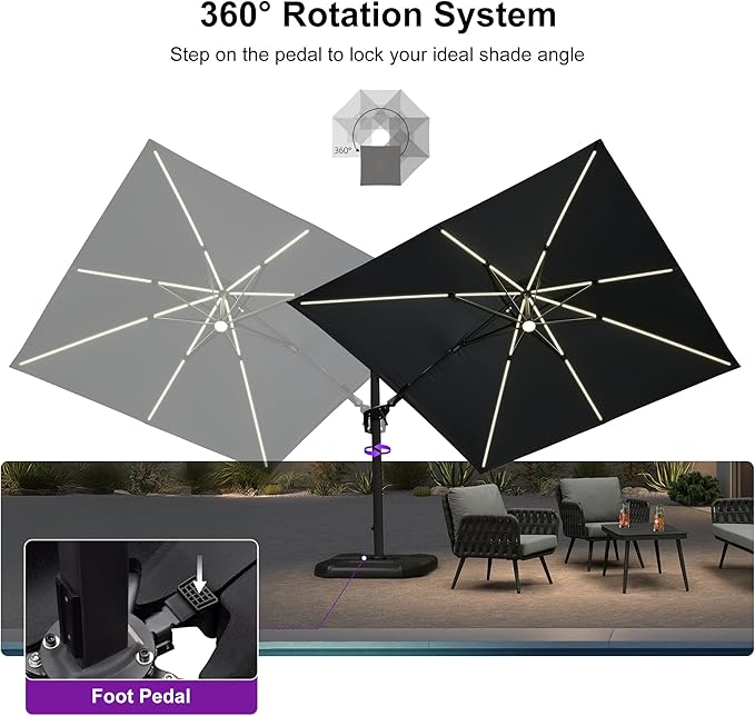 PURPLE LEAF 10 Feet Patio Umbrella Outdoor Cantilever Solar Powered LED Swivel Square Umbrella Aluminum Offset Umbrella with 360-degree Rotation for Garden Deck Pool Patio, Grey