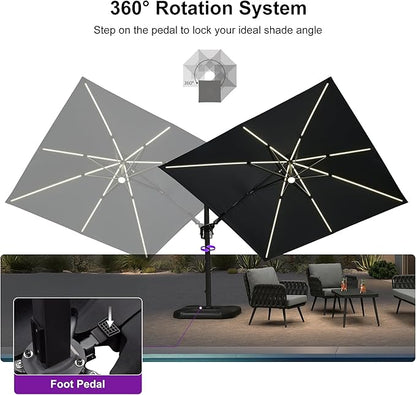 PURPLE LEAF 10 Feet Patio Umbrella Outdoor Cantilever Solar Powered LED Swivel Square Umbrella Aluminum Offset Umbrella with 360-degree Rotation for Garden Deck Pool Patio, Grey