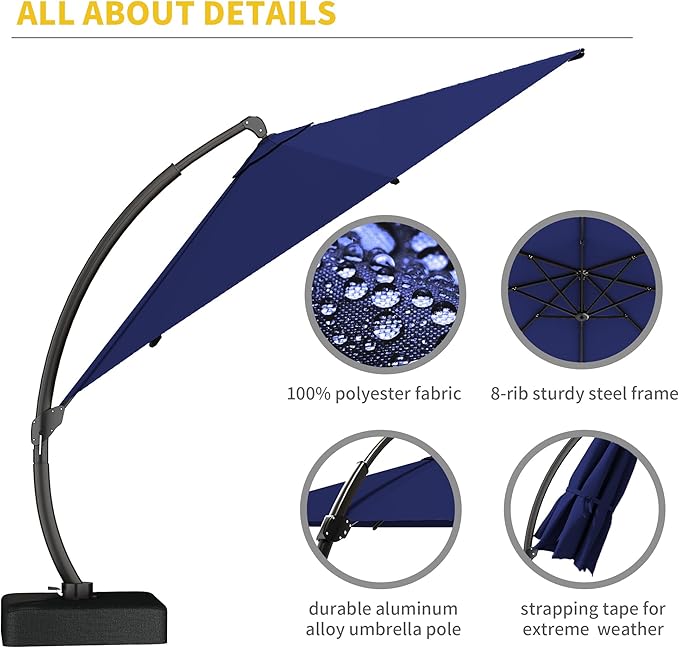Kingdura 11ft Cantilever Patio Umbrella with Base Included, Large Round Offset Outdoor Pool Umbrella, 360° Rotation & Infinite Tilt, Heavy Duty Aluminum Frame for Deck Backyard, Navy blue