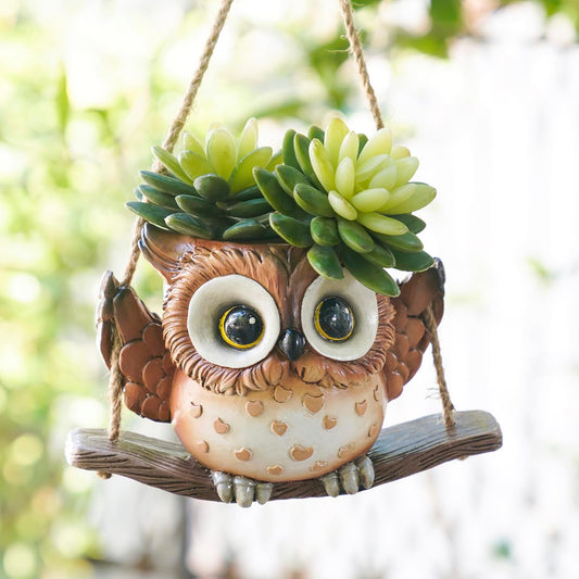 Swing Owl Hanging Planters for Indoor Plants, Cute Small Succulent Pots with Drainage Hole, Unique Resin Plant Hangers Outdoor, Hanging Plant Holder for String Of Pearls, Gift Ideas for Mother