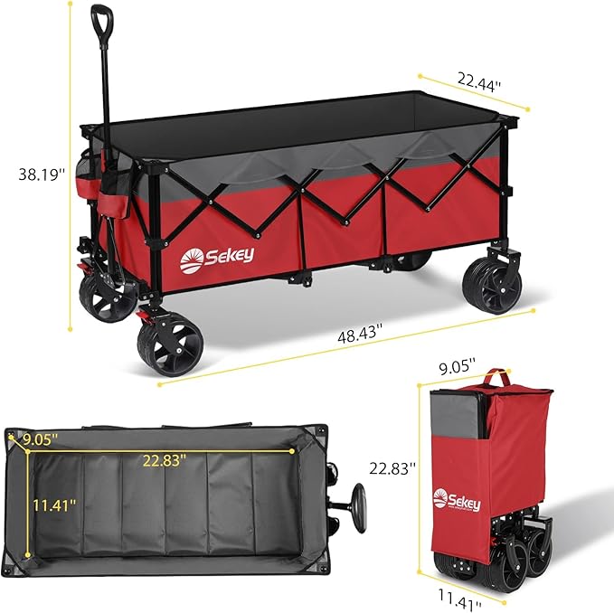 Sekey 48''L Collapsible Foldable Extended Wagon with 440lbs Weight Capacity, Heavy Duty 300L Folding Utility Garden Cart with Big All-Terrain Beach Wheels & Drink Holders. Red&Grey