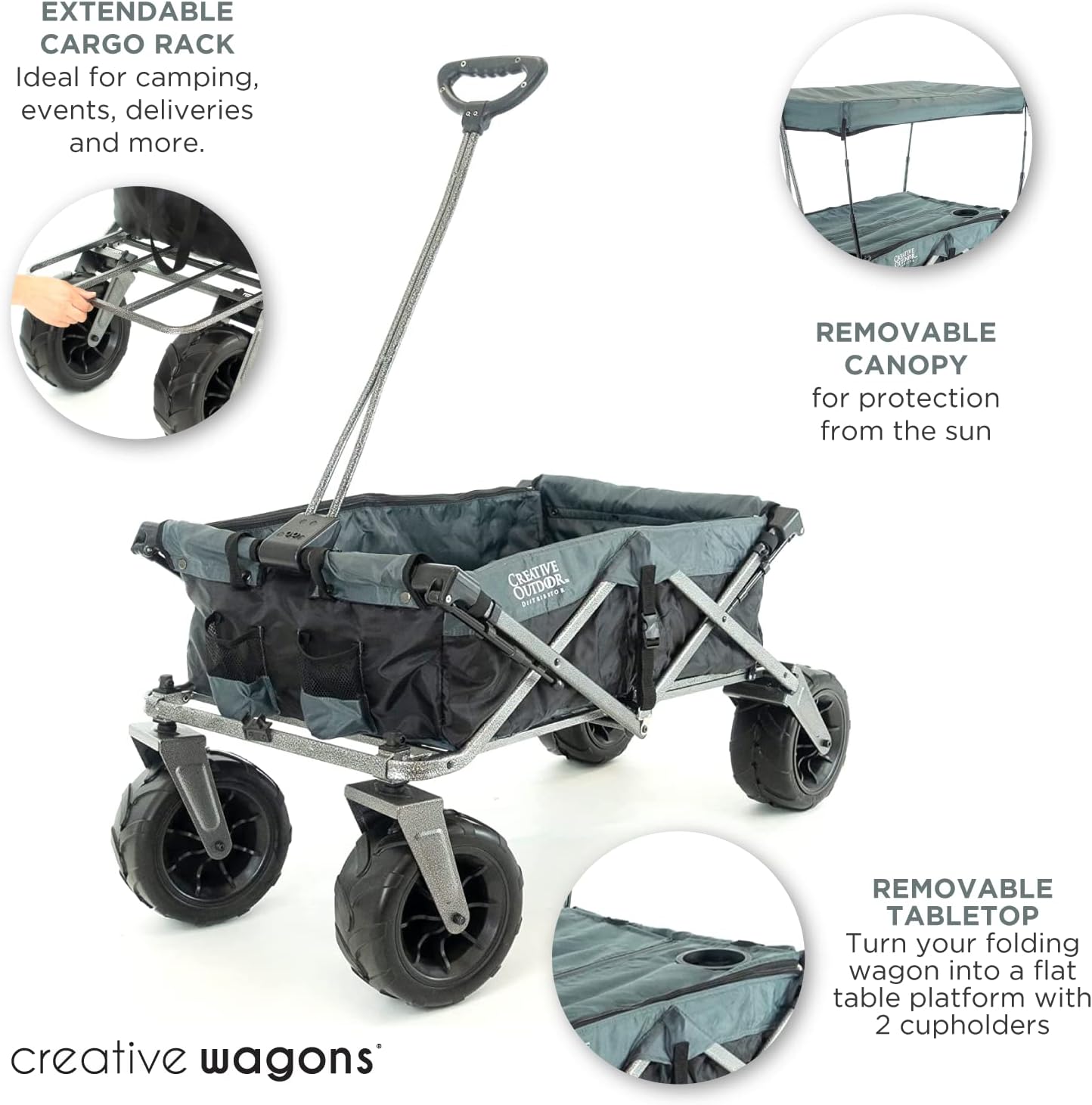 Creative Outdoor Push Pull Stroller Wagon, Beach Hauler XXL with Canopy, Collapsible and Portable Heavy Duty Folding Cart, Supports up to 200lbs Weight Capacity, Giant 10" Wheels