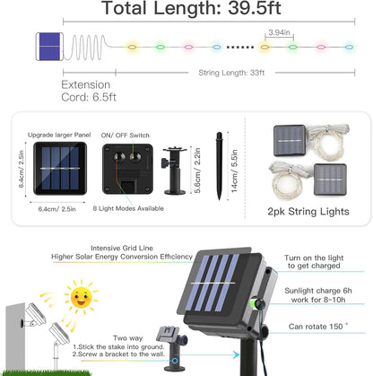 suddus 2 Pack 33ft Solar Fairy String Lights Small, 100 Led Multicolor Solar Fairy Lights Outdoor, Solar Christmas Lights Copper Wire for Trees Garden Patio