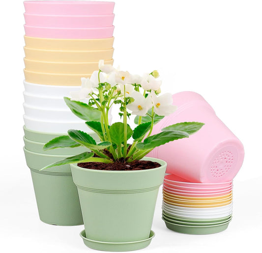 6 inch Plastic Nursery Pots, 16 Pack Plant Pots for Indoor Outdoor Plants, Flower Pots with Drainage Holes and Saucers, Decorative Seedling Starter Planters for House Plants, Colorful