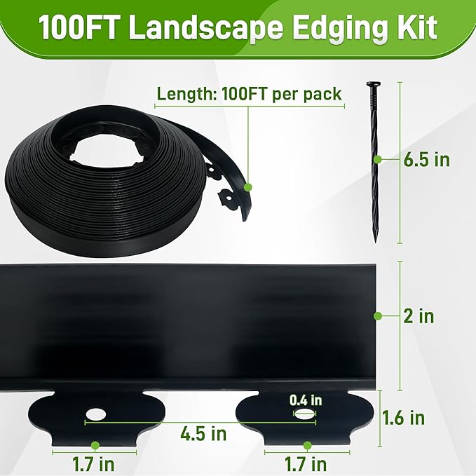 2 Inch x 100FT Landscape Edging Border with 90 Anchoring Spikes, No Dig Garden Border Edging Kit, Plastic Flexible Edging for Landscaping Garden Flower Beds Lawn Yard Paver Pathway, Black