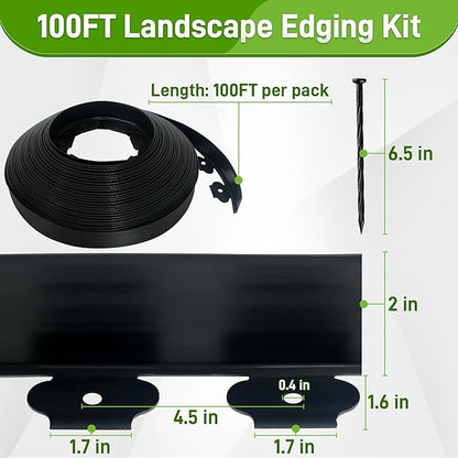 2 Inch x 100FT Landscape Edging Border with 90 Anchoring Spikes, No Dig Garden Border Edging Kit, Plastic Flexible Edging for Landscaping Garden Flower Beds Lawn Yard Paver Pathway, Black