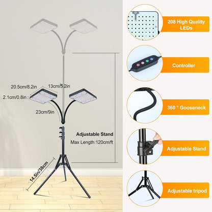 2-Head Grow Light with Stand 50W, FECiDA 2025 Grow Lights for Indoor Plants, Full Spectrum LED Plant Grow Light for Houseplants, Bonsai Tree, 4,8,12,16 Hr Timer and 360° Gooseneck