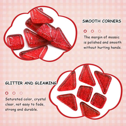 Swpeet 1 Pound Red Shine Crystal Series Mosaic Tiles Assortment Kit, Square and Triangle Genuine Mosaic Tiles Glitter Crystal Mosaic Perfect for Home Decoration Crafts