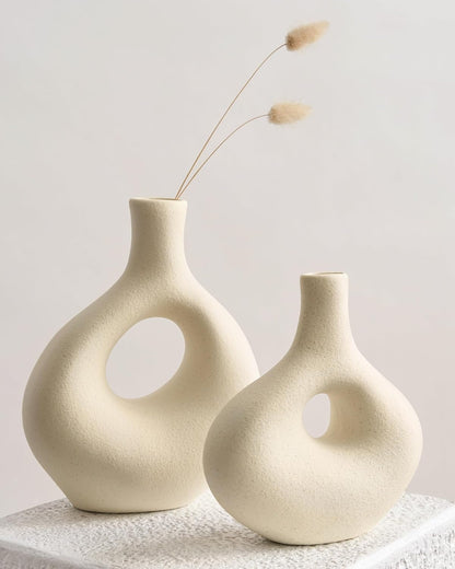 NOBULA White Ceramic Donut Vases – Modern Home Decor for Living Room, Bedroom & Table Centerpiece - Minimalist Nordic – Unique Vases for Olive Plant & Flowers – Decorative Coffee Table Vase Set of 2