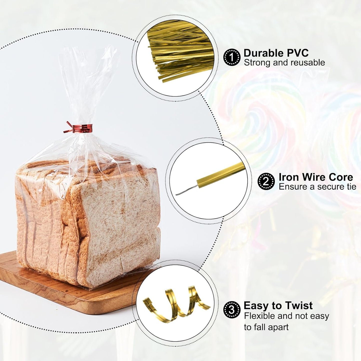 HARFINGTON 800pcs Bag Twist Ties 4.7" Reusable Plastic Metallic Twist Ties Wire Cable Ties for Party Bread Candy Cake, Gold Tone