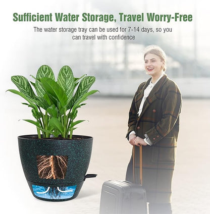 WOUSIWER 10 inch Self Watering Planters, 2 Pack Large Plastic Plant Pots with Deep Reservior and High Drainage Holes for Indoor Outdoor Plants and Flowers, Speckled Black with Green