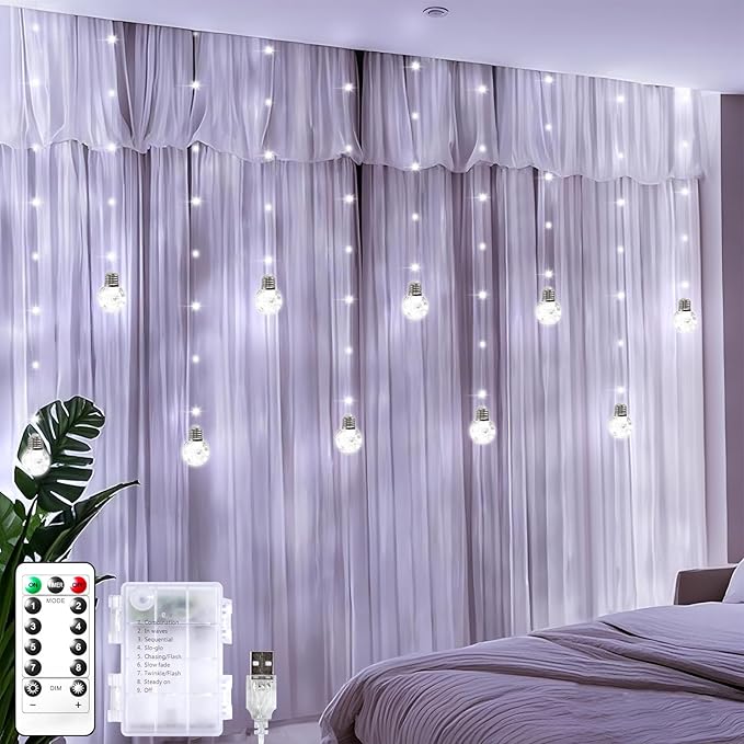 LitHome Christmas Wishing Ball Curtain Lights, 240 LED Fairy Lights Curtain with Remote, Battery Powered USB Globe Hanging String Light Silver Wire for Bedroom Windows Indoor Diwali Decoration (White)