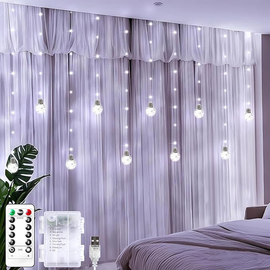 LitHome Christmas Wishing Ball Curtain Lights, 240 LED Fairy Lights Curtain with Remote, Battery Powered USB Globe Hanging String Light Silver Wire for Bedroom Windows Indoor Diwali Decoration (White)
