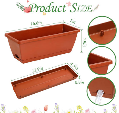 12Pcs 17Inches Rectangle Planter Box with Drainage Holes and Trays Plastic Planters Flower Boxes Pots for Indoor Outdoor Plants Patio Garden Home Decor Porch Yard (Red)