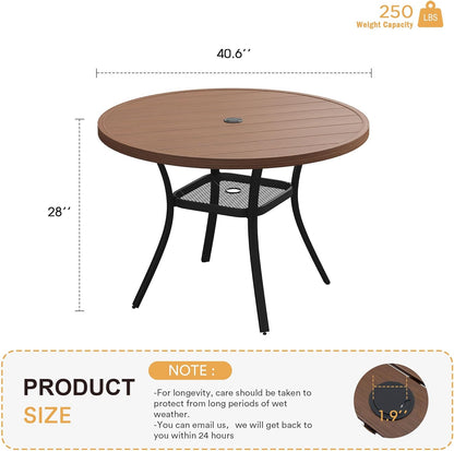 VICLLAX Round Patio Table with Adjustable Umbrella Hole, All Weather Outdoor Round Dining Table for Lawn Garden, 41.2"x 28" Walnut Wood-Like Outdoor Coffee Table