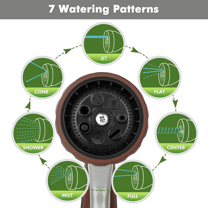 RESTMO Garden Hose Nozzle, Heavy Duty Metal Water Hose Nozzle with 7 Adjustable Spray Patterns, High Pressure Hand Sprayer with Flow Control, Best for Watering Plant & Lawn, Washing Car & Pet, Brown