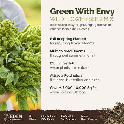 Eden Brothers Green with Envy Flower Mixed Seeds for Planting, 5 lb, 2,400,000+ Seeds with White Yarrow, Cornflower White | Attracts Pollinators, Plant in Spring or Fall, Zones 3, 4, 5, 6, 7, 8, 9, 10