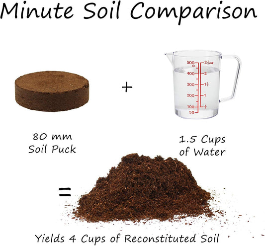 Minute Soil - Compressed Coco Coir Fiber Grow Medium - 80 MM Pucks - 10 Pack = 2.5 Gallons of Potting Soil - Indoor Container Growing: Wheatgrass, Microgreens, Flowers - Just Add Water - OMRI Organic