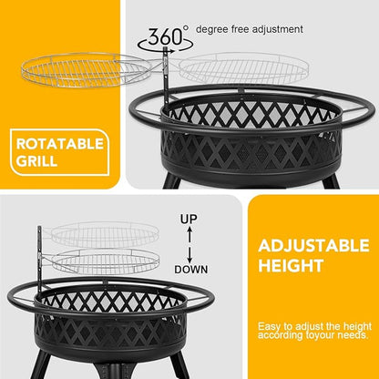 38 Inch Wood Burning Fire Pit for Outside, Round Firepit with Grill & Metal Lid, Metal Outdoor Fire Pit Table for Patio Backyard Garden Bonfire Party