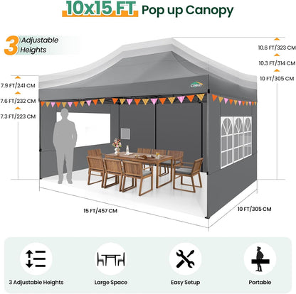 COBIZI 10x15 Heavy Duty Pop up Canopy Tent with 4 sidewalls Commercial Outdoor Canopy Wedding Party Tents for Wedding All Season Wind & Waterproof Gazebo with Carry Bag, Gray(Frame Thickened)