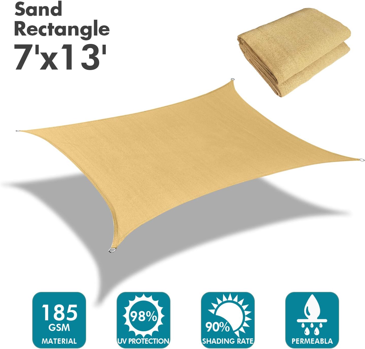 KANAGAWA Sun Shade Sail 7'x13' Sand Rectangle UV Block Canopy Awning Shelter Fabric Cloth Screen for Outdoor Patio Garden Backyard Activities