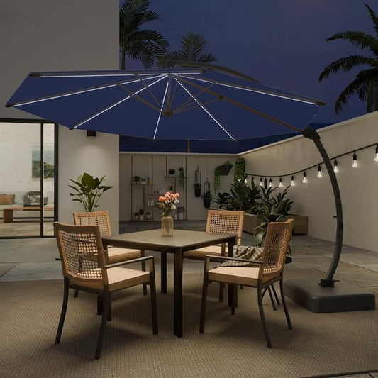 Kingdura 11ft Offset Cantilever Patio Umbrella with Solar Lights, Large Round Outdoor Umbrella with Base Included, Aluminum Frame, 360° Rotation & Infinite Tilt for Deck Pool Backyard, Dark blue