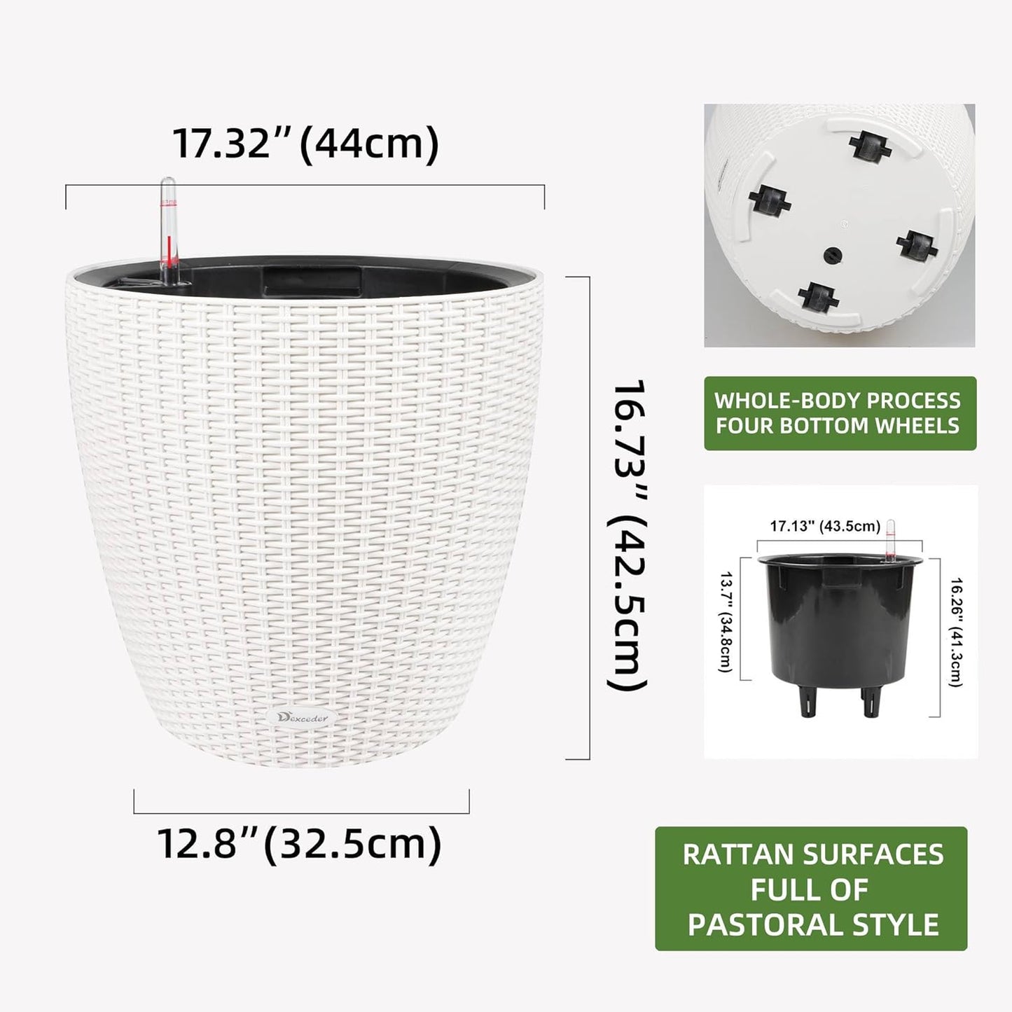 Dexceder 18x17 Inches Rattan Self Watering Planter Indoor Outdoor, Inner Pot Design, Thickened Table Flower Plant Pot with Water Level Indicator (Ivory White)