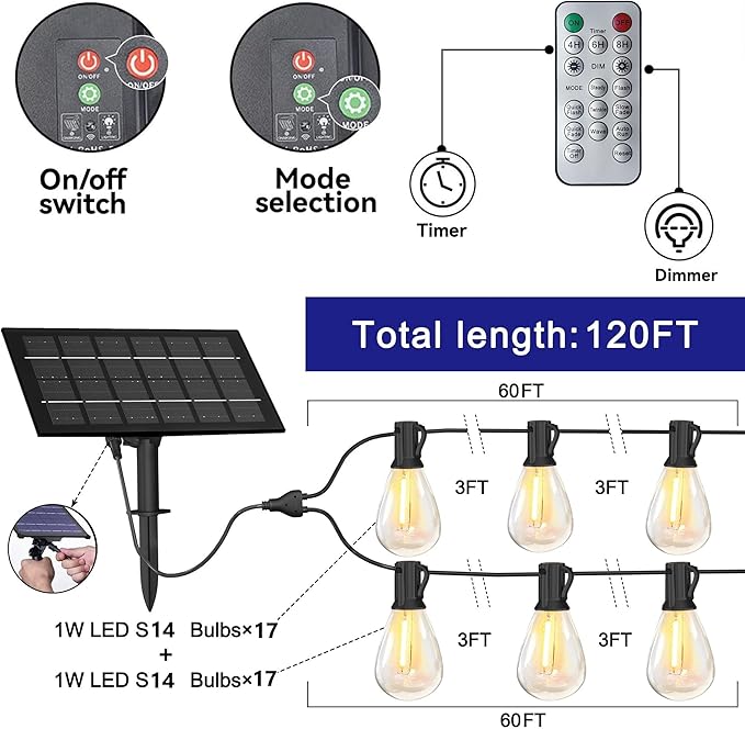 Solar String Lights for Outside 120FT with Remote 8 Lights Mode, Weatherproof Shatterproof S14 LED Bulb 34 Sockets, Outdoor Patio Light for Backyard Porch Cafe