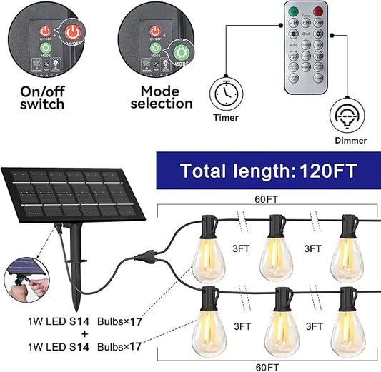 Solar String Lights for Outside 120FT with Remote 8 Lights Mode, Weatherproof Shatterproof S14 LED Bulb 34 Sockets, Outdoor Patio Light for Backyard Porch Cafe
