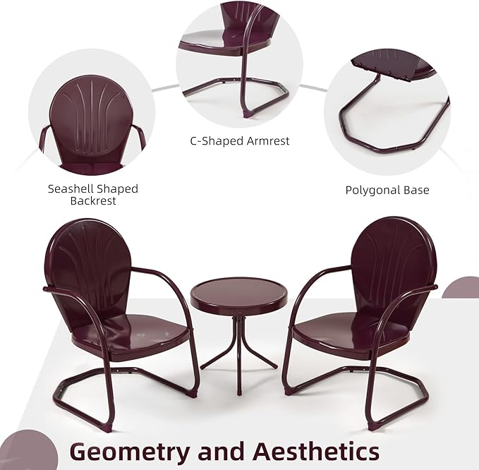 Patio Bistro Set Retro Metal Outdoor Seating Conversation 3 Pieces, 2 C-Spring Motion Armchairs and Round Side Table, for Porch, Lawn, Garden, Purple
