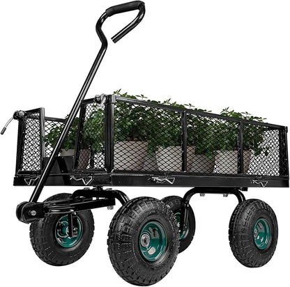 Taifa Heavy Duty Utility Steel Garden Cart 880 Lbs Capacity with Detachable Side Panels Convert to Flatbed for Yard Lawn and Farm, Metal Wagon with 180° Rotating Handle, Black