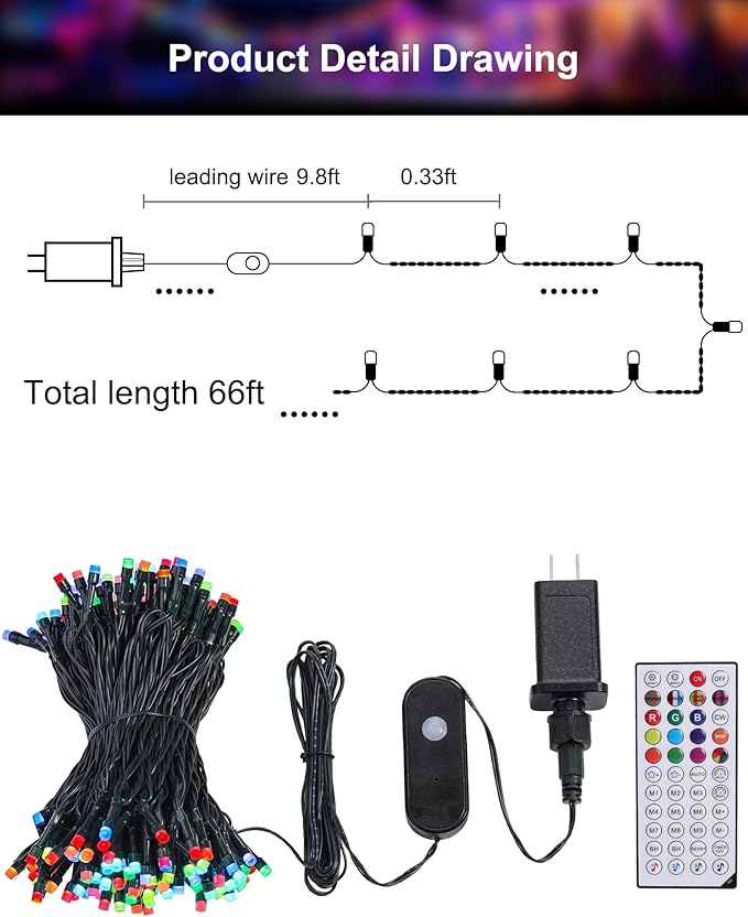 XEWEA Color Changing Christmas String Lights Outdoor, 200 LED 66 Ft Smart RGB Christmas Lights with Remote & App Controlled, Plug in Indoor Outdoor Halloween Xmas Wedding Party