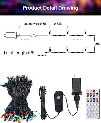 XEWEA Color Changing Christmas String Lights Outdoor, 200 LED 66 Ft Smart RGB Christmas Lights with Remote & App Controlled, Plug in Indoor Outdoor Halloween Xmas Wedding Party