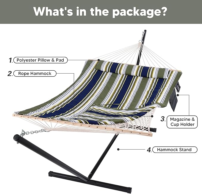 SUNCREAT Hammocks Double Outdoor Hammock with Stand, Cotton Rope Two Person Hammock with Polyester Pad & Large Pillow, Blue& Gray
