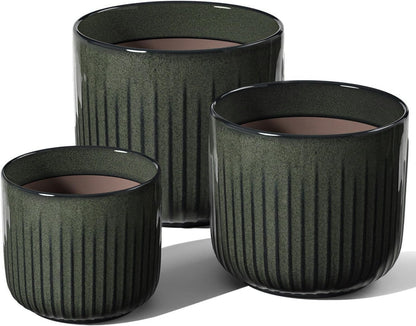 LE TAUCI Fluted Ceramic Planters Set of 3 – 8.3/7 / 5.7 in Dark Olive Reactive Cylinder Indoor Plant Pots with Drainage Plug & Mesh, Glossy Stoneware Flower Pots for Succulents Herbs