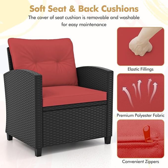 RELAX4LIFE 3-Piece Patio Furniture Set - Wicker Rattan Bistro Sofa Set w/Glass Top Coffee Table, Washable Cushions for Porch Balcony Backyard Poolside, Outdoor Furniture Conversation Set (Red)