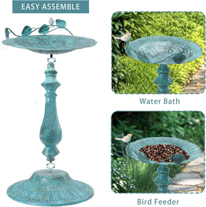 22" H Bird Baths for Oudoors, Antique Pedestal Bird Bath with Bird Statues Metal Birdbaths Bird Feeder Bowl Tray Garden Yard Decoration, Blue