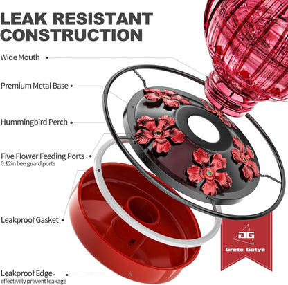 2 Pack Glass Hummingbird Feeder for Outdoors Hanging, Bird Nectar Feeder with Perch & 5 Flower Feeding Ports, 26 Oz Leak Proof for Outside Garden Decor Backyard, Gifts for Women Mom, Red