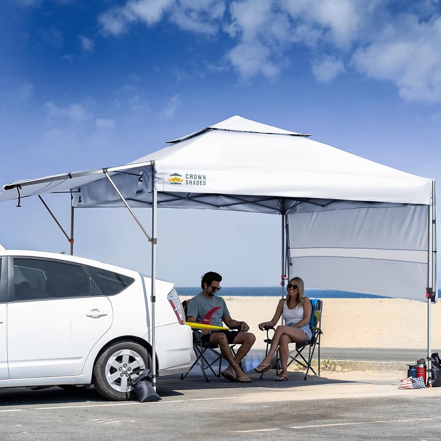 CROWN SHADES 10x10 Pop up Canopy Tent Patended Centerlock Instant Commercial Canopy with 150D Silver Coated Fabric Including 2 Extend Awnings, 4 Ropes, 8 Stakes, 4 Weight Bags, STO 'N Go Bag, White