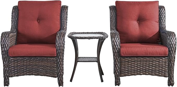Rilyson Patio Bistro Set Outdoor Chairs - 3 Piece Wicker Rattan Patio Furniture Set with 2 Armrest Chair and 1 Side Table for Proch Deck Garden Backyard Balcony(Brown/Red)