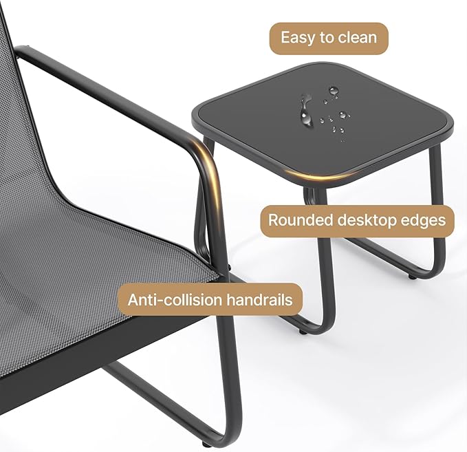 Gizoon Patio Chairs Set of 2, 3 Piece Patio Furniture Set, Bistro Sets,with Textilene Fabric, Metal Frame Coffee Table, Outdoor Chairs Set, for Balcony, Backyard,Lawn, Garden, Poolside, Grey