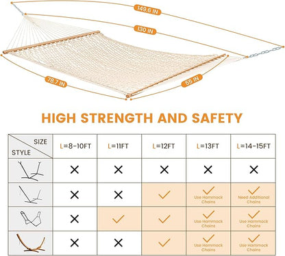 Lazy Daze Hammocks Double Rope Hammock, 2 Person Traditional Outdoor Hand Woven Cotton Rope Hammock with Spreader Bar, Chains, Tree Straps for Patio Yard - Max 450 Lbs, Natural