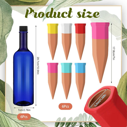 6 Sets Plant Watering Devices Include Terracotta Self Watering Spikes and 26 oz Plastic Bottles, Slow Release Vacation Insert Automatic Plant Waterer Device (Blue and Mixed Color)