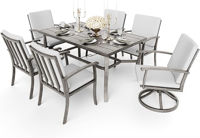 HAPPATIO 7 Piece Patio Dining Set, Aluminum Outdoor Dining Set for 6, Patio Furniture Sets, 2 Swivel Dining Chairs, 4 Dining Chairs, Aluminum Furniture Set for Patio, Yard (Gray)