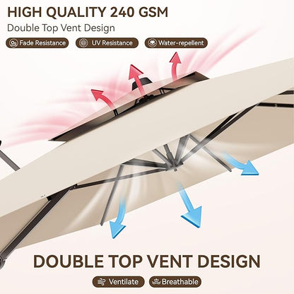 10x13 FT Patio Umbrella, Large Cantilever Rectangular Double Top Heavy Duty Offset Umbrellas with 360° Rotation, Outdoor shade for Garden Deck Pool Patio, Beige