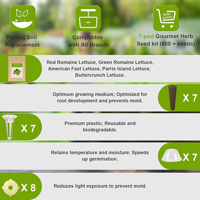 Green Goddess Salad Seed Pod Kit for AeroGarden, idoo, Ahopegarden, MUFGA with Red Romaine/Green Romaine/American Fast/Parris Island/Buttercrunch Lettuce - Compatible with All Garden(7-Pod)