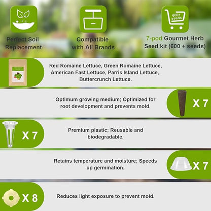 Green Goddess Salad Seed Pod Kit for AeroGarden, idoo, Ahopegarden, MUFGA with Red Romaine/Green Romaine/American Fast/Parris Island/Buttercrunch Lettuce - Compatible with All Garden(7-Pod)